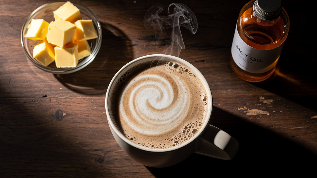 Professionelle Frau mit Bulletproof Coffee im modernen Büro